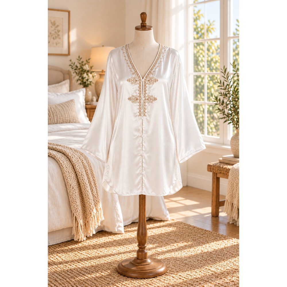 Val Mode Lingerie Vintage White Satin Sleep Shirt Gold Embroidered Nightgown S